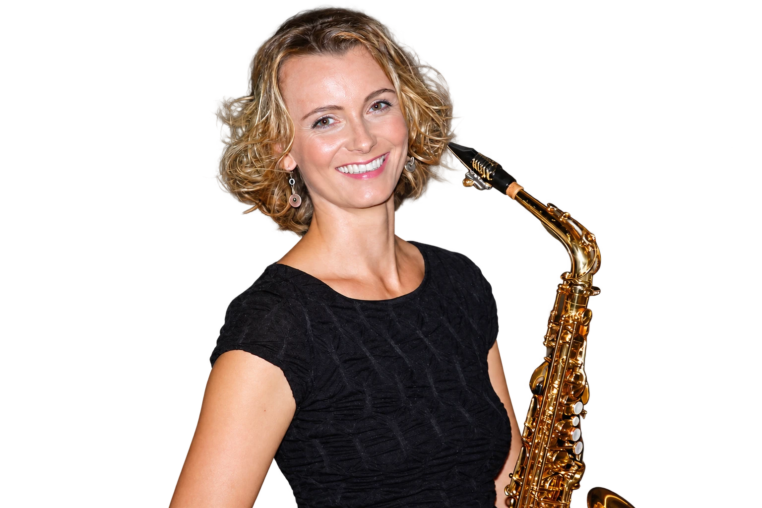 Kerstin Juritsch, Saxophonunterricht in Wien Saxophonlehrerin Kerstin Juritsch lächelnd mit Altsaxophon
